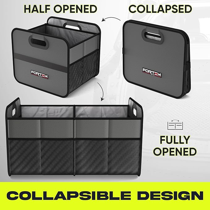 FORTEM Car Trunk Organizer, Collapsible Two Compartment Organizer, Foldable SUV & Truck Storage for Car Accessories for