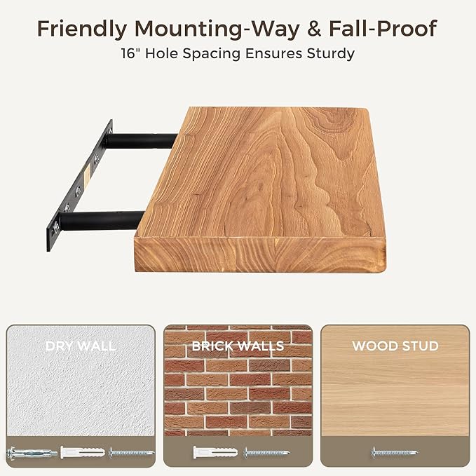 Floating Shelves 40"W x 8"D, Solid Elm Wood Shelves for Wall, 8 Inch Deep Floating Shelves for Home Storage & Display, Rustic