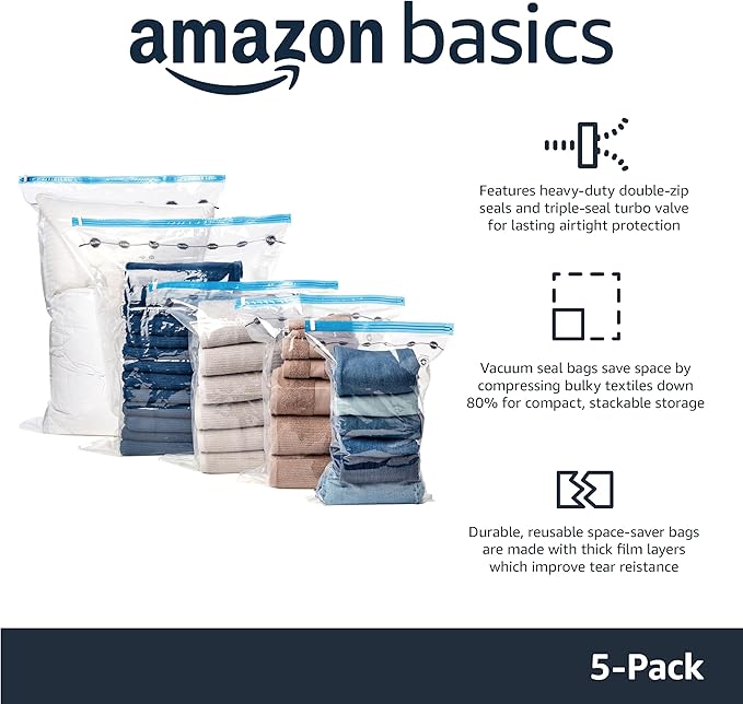Amazon Basics Vacuum Storage Bags, Compression Space Saving for Clothes and Linens, Reusable with Hand Pump, Large, Clear, 5-