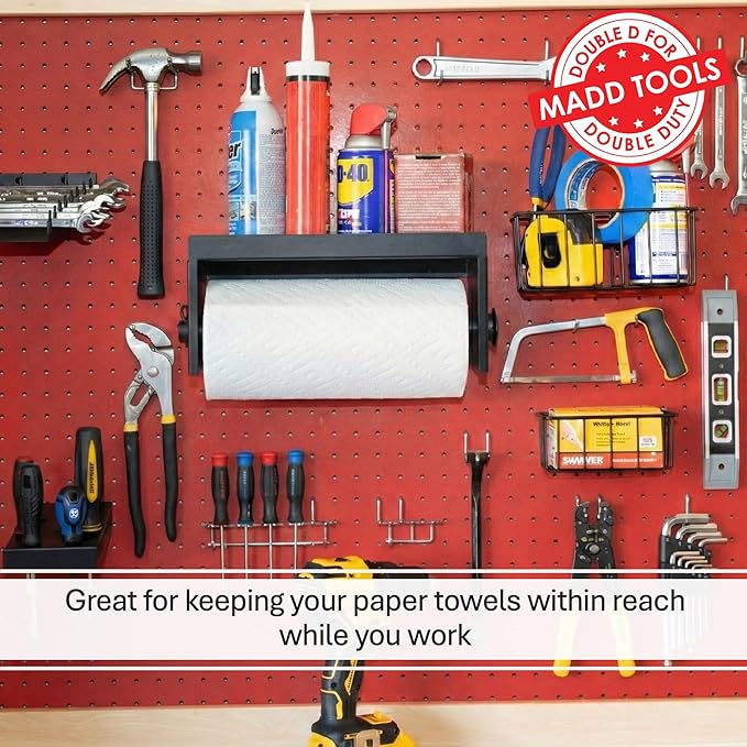 Pegboard Paper Towel Holder with Shelf, MADD Tools Black Pegboard Accessories Tool Holder Organizer, Peg Board Accessory Kit 