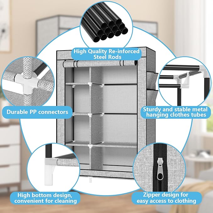 Calmootey Portable Closet Organizers, Clothing Storage, Wardrobe with 6 Shelves and Hanging Rod, Non-Woven Fabric Cover with 