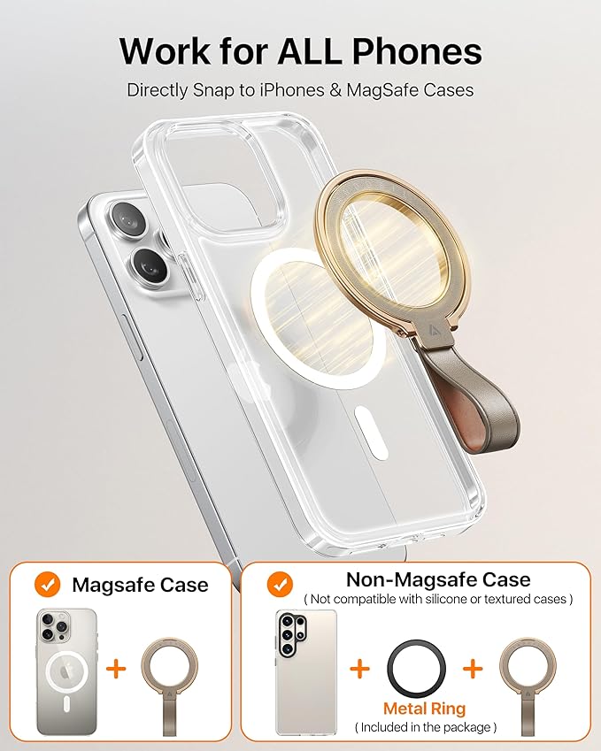 andobil [2026 Premium Leather] Magnetic Phone Grip for MagSafe [Longest Durable] Adjustable Phone Ring Kickstand w/Leather Loop Compatible with MagSafe Accessories&iPhone 17 Air 16 15 Pro Max Greige