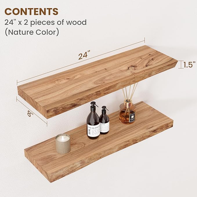 Floating Shelves for Wall Decor, Rustic Solid Elm Wood Live Edge Floating Shelves Wall Mounted, Wall Shelves with Invisible B