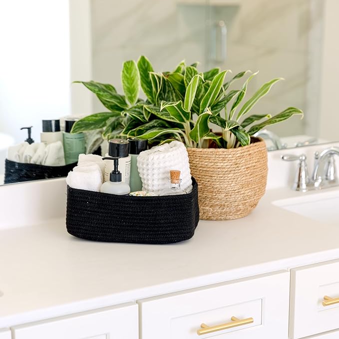 NaturalCozy 11.8"x8"x4.5” Rectangle Storage Baskets for Shelves 3 Pack | Cotton Rope Woven Small Baskets for Organizing | Sma