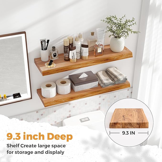 RICHFOCUS Live Edge Elm Floating Shelves - 30" W x 9.3" D Rustic Solid Wood Wall Shelves with Invisible Bracket, Wall-Mounted