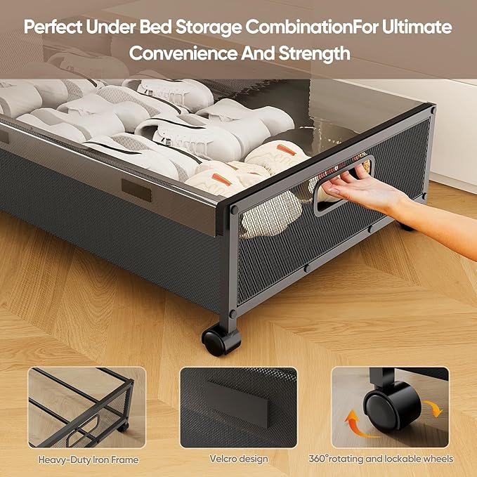 Under Bed Storage Containers with Wheels, 80L Extra-large Underbed Shoe Storage Organizer 2 Pack with Removable Lids, Large R