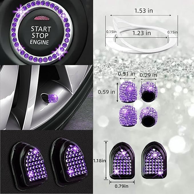 NBTEPEM 30 Pcs Purple Bling Car Accessories Set for Women, Purple Steering Wheel Cover Set, Bling Console Cover, Seat Belt Cushion, Shift Knob Cushion, Cup Coaster, Rhinestone Car Hanging Accessories