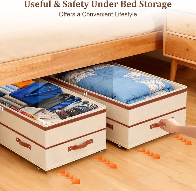 Dolicer 4 Pack 92L Under Bed Storage with Wheels, 6in-10in Height Adjustable Underbed Storage Containers (Grey & Beige)