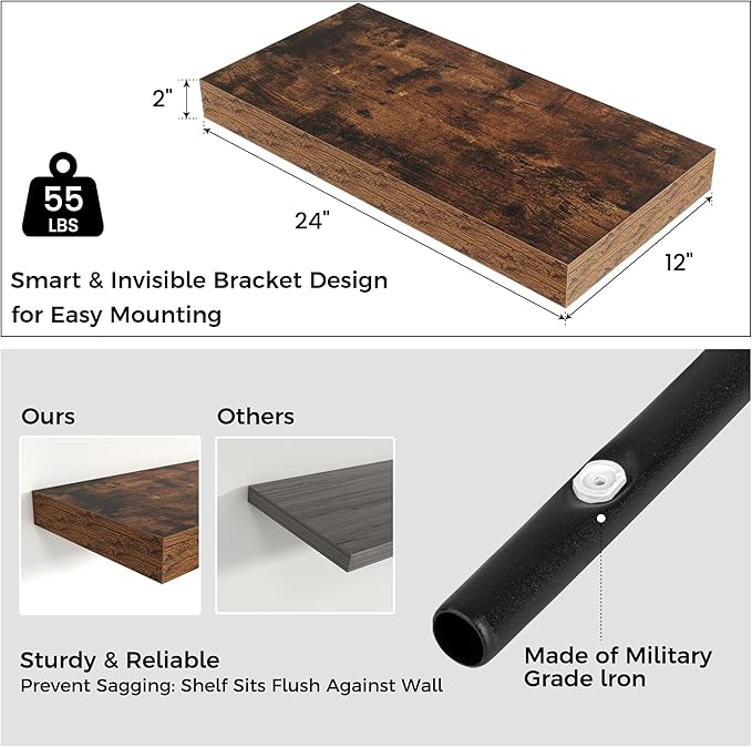 Floating Shelves for Wall, 24 Inch Wide x 12 Inch Deep Floating Shelves, Long Wood Floating Wall Shelf Shelves for Living Roo