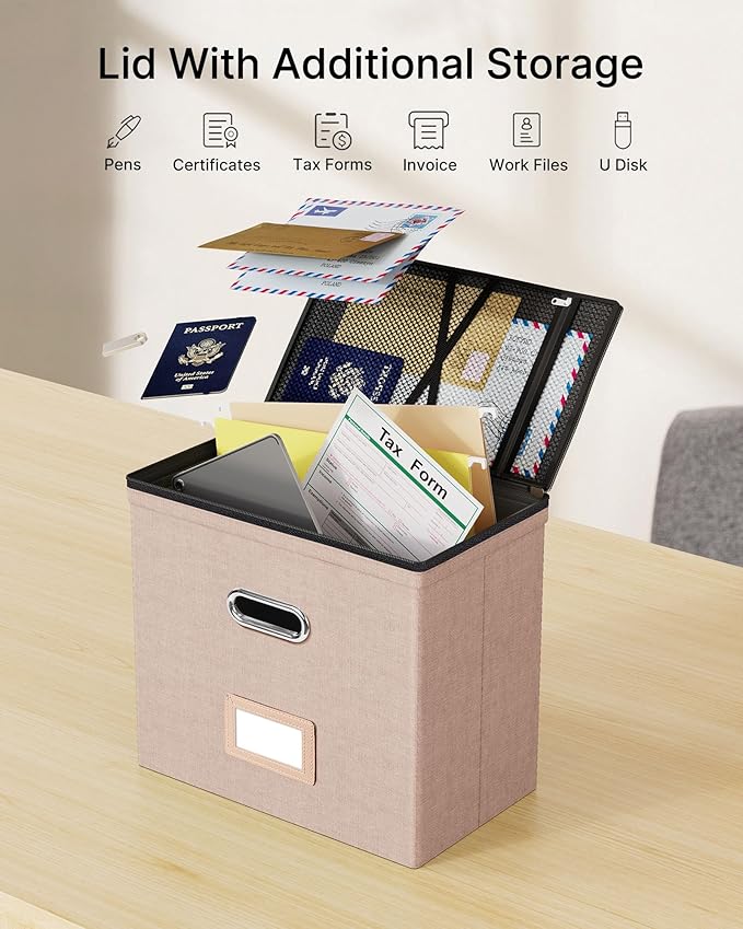 Oterri File Organizer Boxes with Lids, File Box with Mesh Pockets, Document Organizer Box for Letter Size Folders, Zippers Im