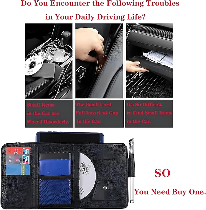 2 Pack Car Visor Organizer for Ford F150 2021-2025, Sun Visor Storage Pouch Premium PU Leather Interior Accessories Pocket Multi-Function Card Holder,Black