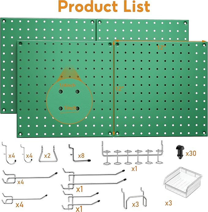 PegBoard, 68PCS Heavy Duty Metal Pegboard with Hooks, Heavy Duty Peg Board for Walls Home, Garage Tool Storage, Workbench, Cr