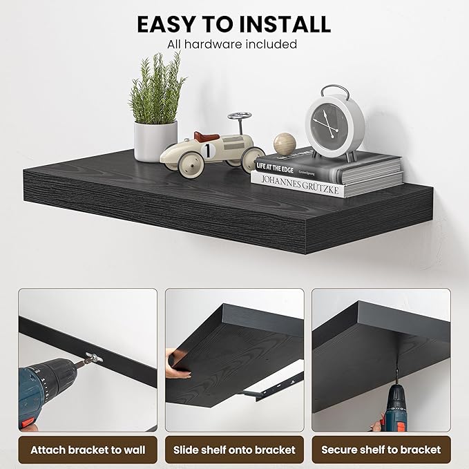 Dreamland 55" Floating Shelves for Wall, 12" Deep Thicker Black Floating Shelves, Wall-Mounted Shelves for Bedroom, Living Ro