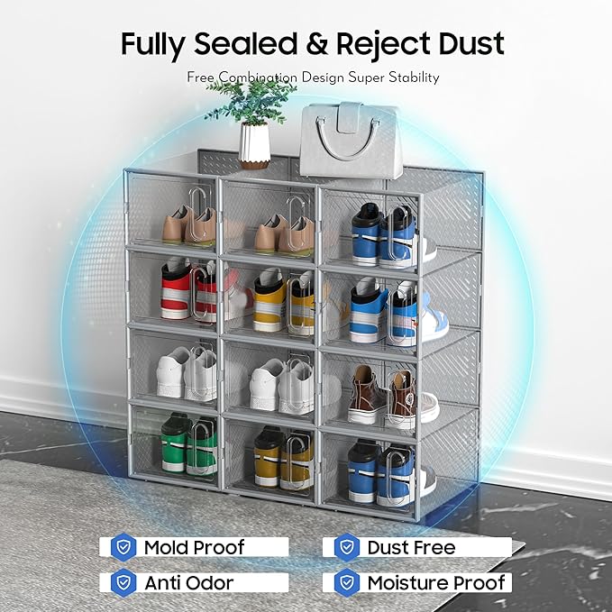 eWonLife Large Shoe Organizer Storage Box with Magnetic Door,12 Pack Clear Plastic Stackable Sneaker Containers for Closet, C