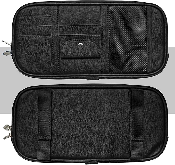 Car Sun Visor Organier Truck SUV Sun Visor Storage Pocket Pouch Holder, Multi-Pocket PU Leather with Zipper Net, for Cards Pens Sunglasses Document (Black)