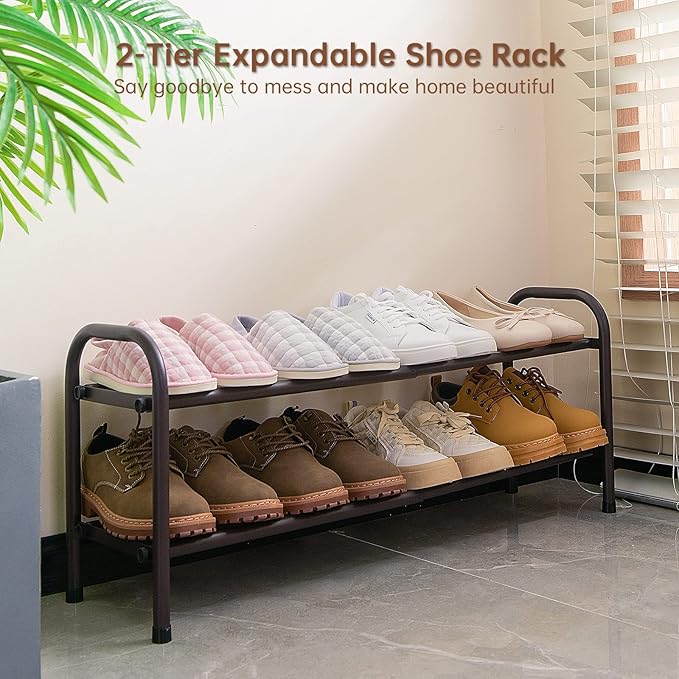 Gonfoam 2-Tier Expandable Shoe Rack,Adjustable Shoe Shelf Storage Organizer Heavy Duty Metal Free Standing Shoe Rack for Entr