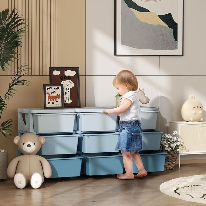 Qaba 3 Tier Kids Storage Unit, Toy Organizers and Storage with 9 Drawer Chest for Kids Bedroom Nursery Kindergarten Living Ro