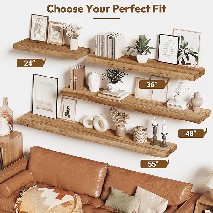 Vivelove Live Edge Floating Shelves 24 inch, Elm Wood Shelf, Rustic Farmhouse Wall Shelf with Invisible Bracket for Living Ro