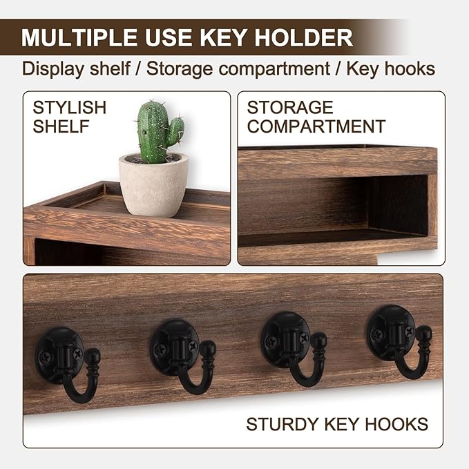 Key and Mail Holder Wall Mount, Key Hanger with Long Storage Box and 6 Hooks for Coat, Dog Leash, Home Decor Rack, House Acce