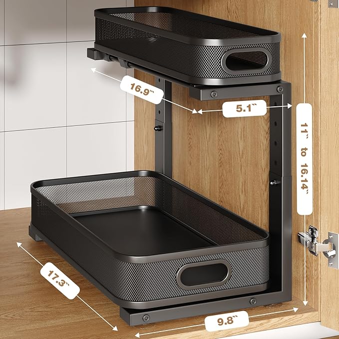 2 Pack 17.3IN-Depth Under Sink Organizer with Smooth Cylindrical Rail,2-Tier Pull Out Multi-Purpose Cabinet Storage for Bathr