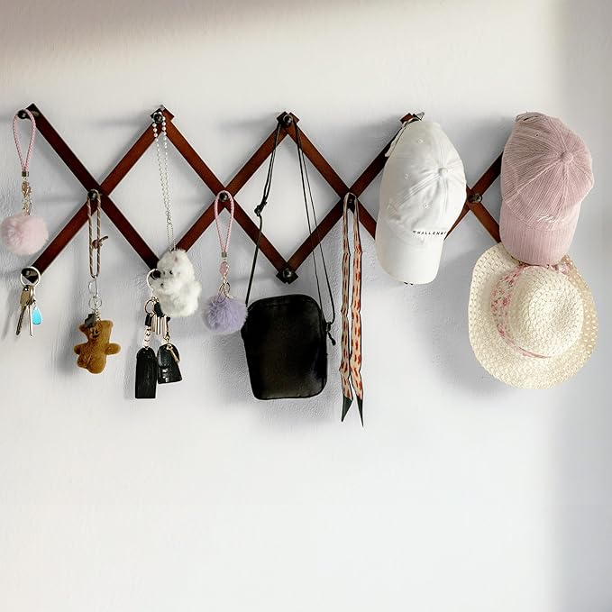SKOLOO Hat Rack for Wall with 14 Hooks, Solid Wooden, Modern, Expandable Coat Rack Wall Mount for Coats, Hats, Bags, Baseball