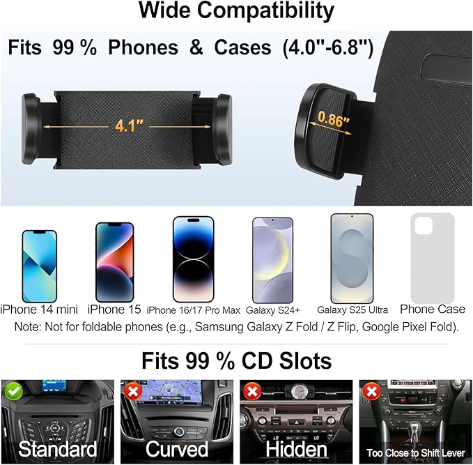 Shock-Resistant CD Slot Phone Holder for Car, CD Player Phone Mount with Adjustable Clamp, 360° Rotation, Non-Slip, Single-Button Release, Heat-Resistant, Universally Compatible with iPhone & Samsung