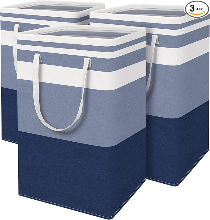 BlissTotes 3-Pack Laundry Basket, Freestanding＆Waterproof Laundry Hamper, Collapsible Tall Clothes Hamper with Easy Carry Han