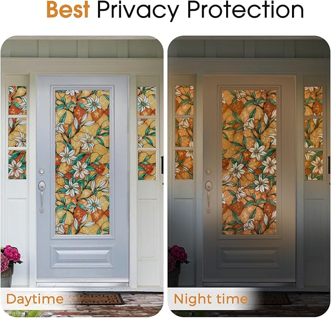 Coavas Decorative Window Privacy Film, Heat Control Sun Blocking Stained Glass Window Film, Floral Design Static Cling, Non Adhesive Windows Tint for Bathroom Front Door(Vinyl, 17.5" x 78.7 ")