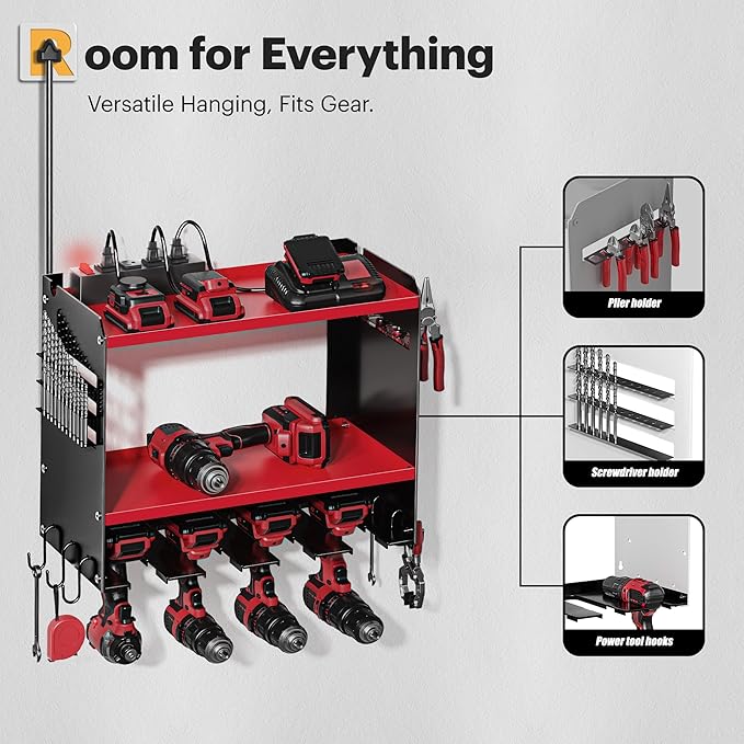 Spampur Power Tool Organizer Wall Mount with Charging Station, Tool Battery Holder with 4 Outlet Power Strip, 15 Min Assembly