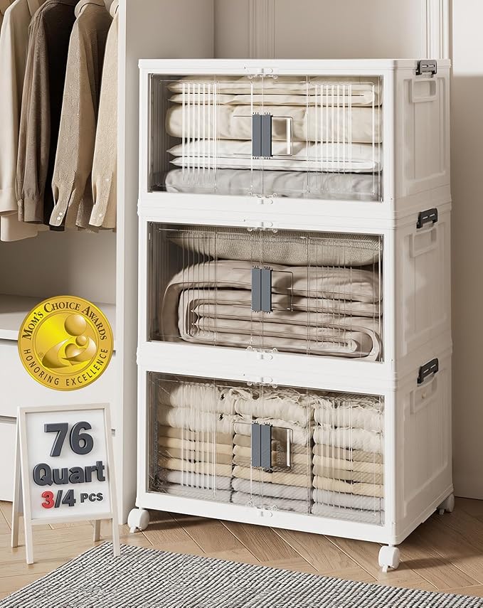 OlarHike 76QT Lockable Storage Bins with Lids - Folding Storage box with Doors and Wheels, Collapsible Plastic Bins for Close