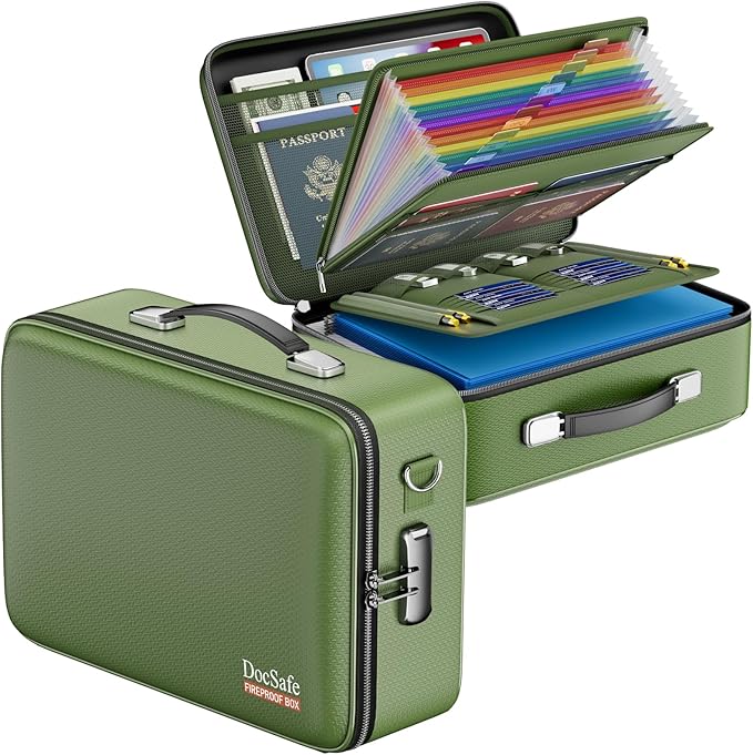DocSafe Fireproof Document Box with Lock, Hard Case File Organizer with Accordion File Folder, Fireproof Water Resistant Safe