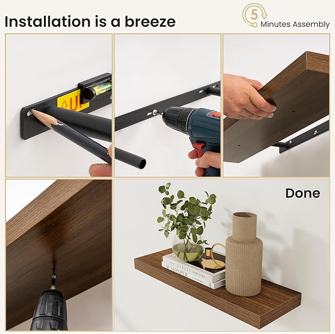Fun Memories Rustic Wood Floating Shelves for Wall, Space-Saving Wall Mounted Shelves for Bathroom, Bedroom, Living Room and 