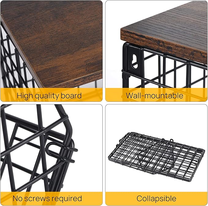 Wetheny 2pcs Fruit Basket Onion Storage Wire Basket with Wood Top- Wall Mounted & Stackable Kitchen Counter Organizer,Cabinet