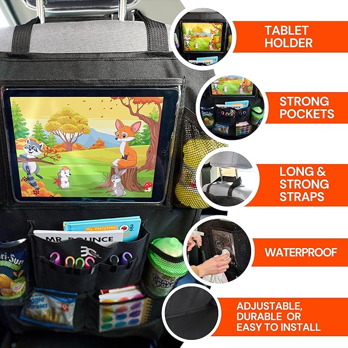 Backseat Car Organizer, Kick Mat Back Seat Protector with Touch Screen Tablet Holder, Back Seat Organizer for Baby & Kids, Travel Accessories with 9 Storage Pockets & 4 Headrest Hooks, Pack of 2-Black