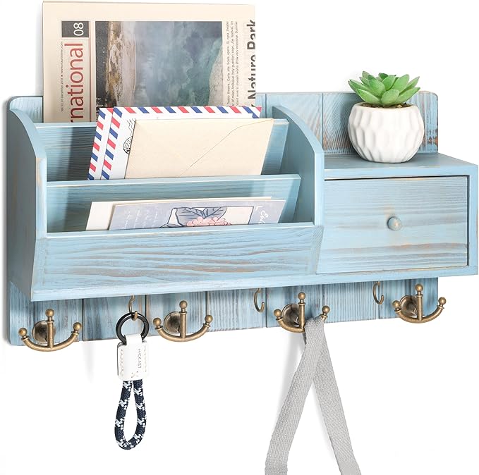 Rebee Vision Key Holder Wall Mount with Mail Sorter - Decorative Mail and Key Organizer for Wall with Hooks and Drawer Organi