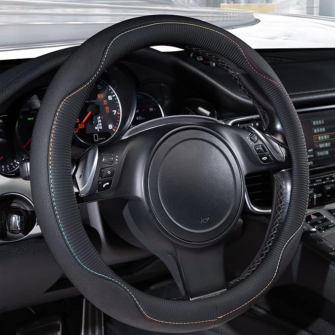 CAR PASS Colour Piping Leather Universal Fit Steering Wheel Cover,Perfectly fit for 14.5-15 inches for Various Vehicles Suvs,