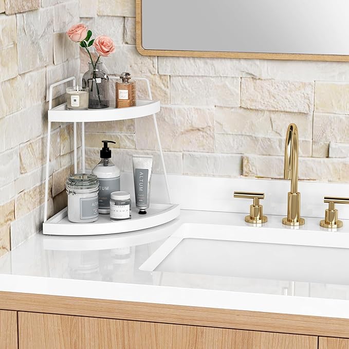 Forbena White 2 Tier Corner Bathroom Counter Organizer, Bathroom Countertop Shelf Organizer for Kitchen Sink, 2 Tier Makeup V