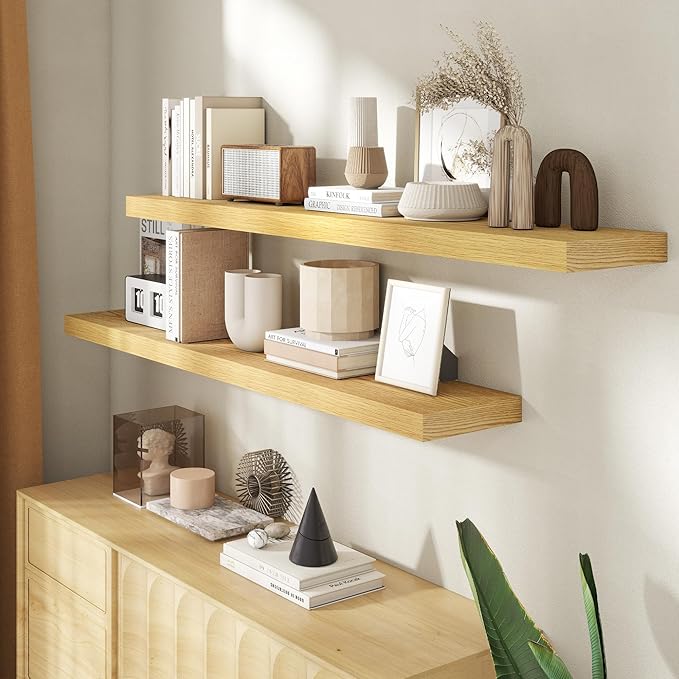 55 Inch Floating Shelves for Wall, 8 Inch Deep Floating Shelf for Storage & Display, Rustic Wall Mounted Shelf with Invisible