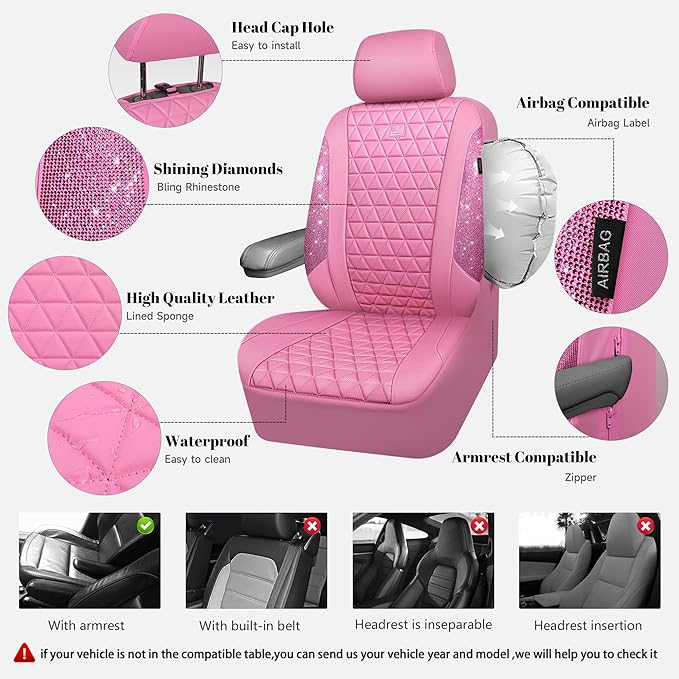 CAR PASS Bling Diamond Pink Leather Car Seat Covers Full Sets Interior Sets, Waterproof Shining Glitter Sparkly Crystal Unive