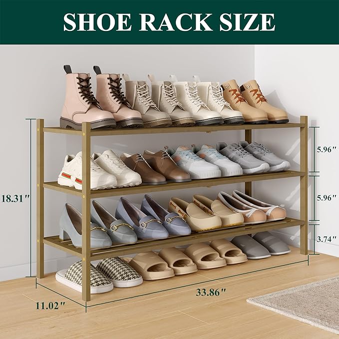 Smiry Long Bamboo Shoe Rack 3-Tier, Stackable Wooden Shoe Organizer for Entryway & Closet, Free Standing Wood Shoe Storage Sh
