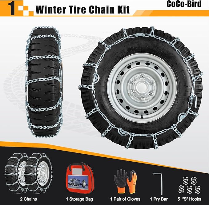 Snow Chains, Thickened and Wear-Resistant High Carbon Steel Anti Slip Tire Chain for Light Truck, Pickups, and SUVs, Set of 2