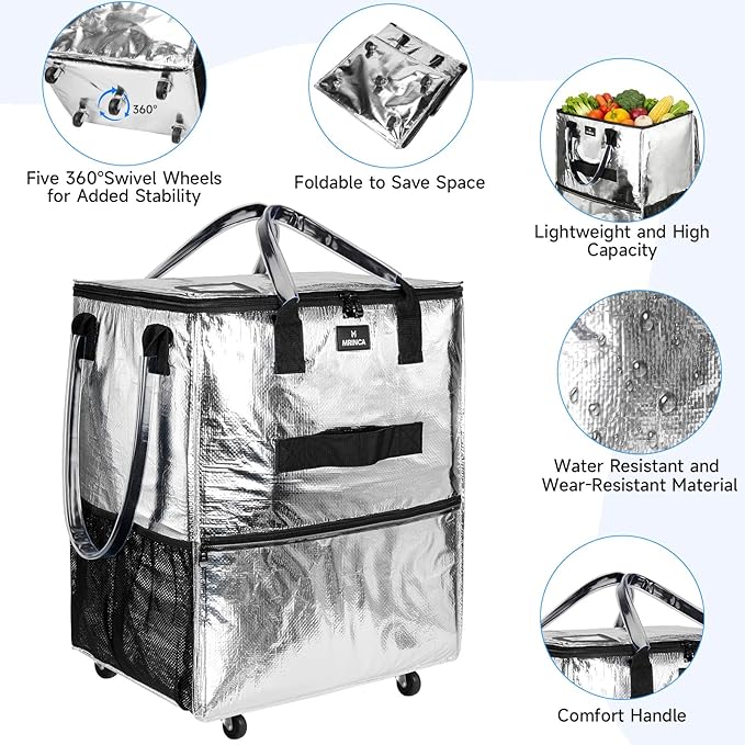 Large Reusable Grocery Bag On Wheels, 130L Foldable Tote, 5 Swivel Wheel Shopping Trolley with Multiple Pockets, Zippered Top, Folds Flat for Storage, for Shopping, Laundry, Camping, Moving, Silver