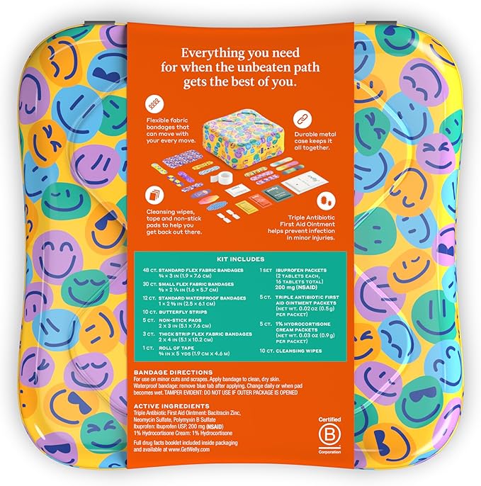Welly First Aid Kit - Adhesive Flexible Fabric and Waterproof Bandages, Tape and Non-Stick Pads, Butterfly Strips, Single Use