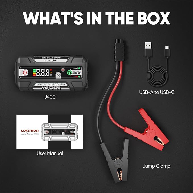 LOKITHOR J400 2000A 12V Portable Lithium Jump Starter, Car Battery Booster Pack, USB-C Powerbank Charger, and Jumper Cables