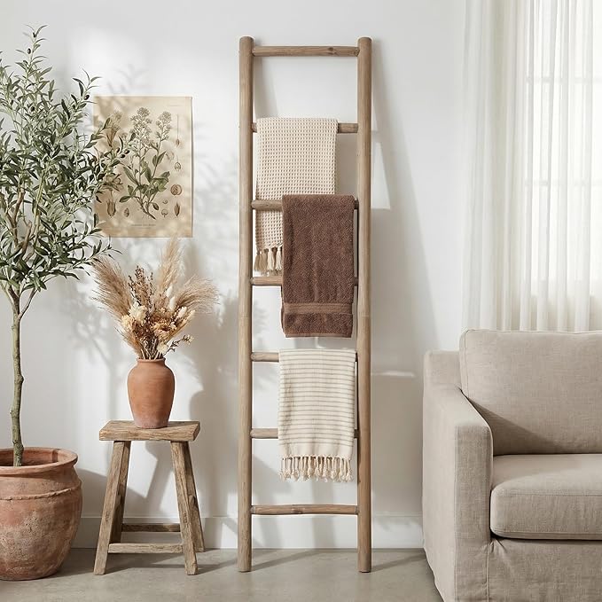 Wooden Blanket Ladder - 76in Natural Wood Color- Leaning Wall Decor for Bedroom, Bathroom, Living Room - Rustic Quilt Holder 