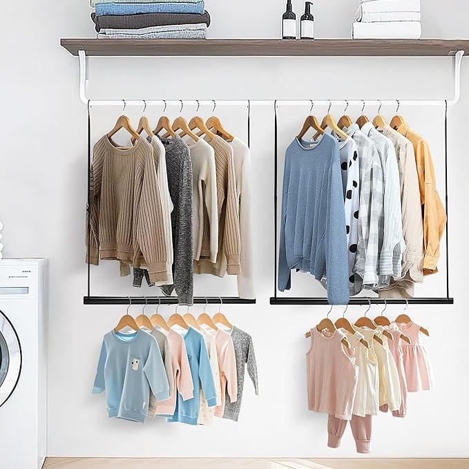 STORAGE MANIAC Hanging Closet Rod, Adjustable Width and Height Closet Hanging Organizer, Space-Saving Clothes Hanging Bar, Cl