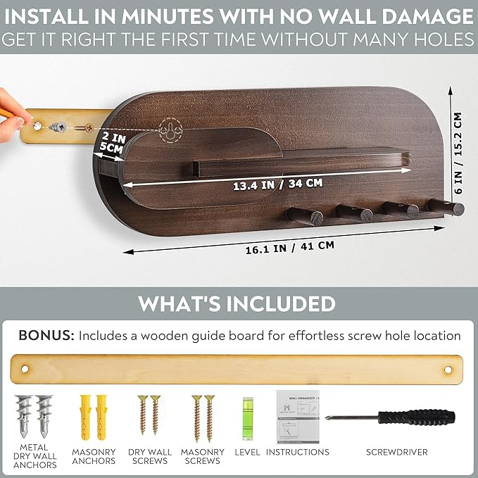 Solid Wood Mail and Key Holder for Wall Decorative Display - Includes Mail Holder, Shelf with Hooks for Keys & Pegs for Hangi