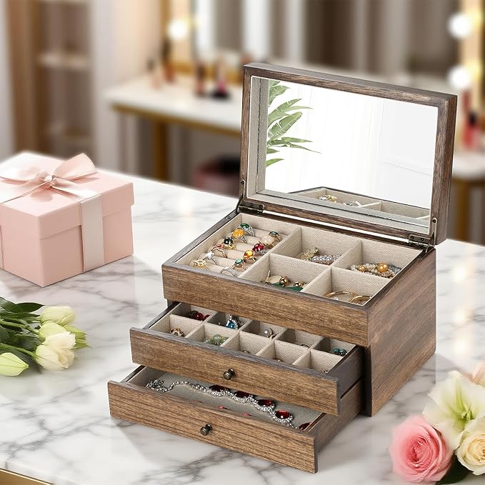 Meangood Jewelry Box Organizer for Women, 3 Layer Large Jewelry Storage Case, Rustic Wooden Jewelry Box with Mirror & Ring Tr
