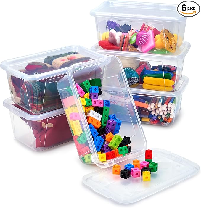 GAMENOTE 6 Quart Storage Bins with Lids,6 Pack Transparent Plastic Latching Box for Classroom & Kids Toy Storage Clear Stacka