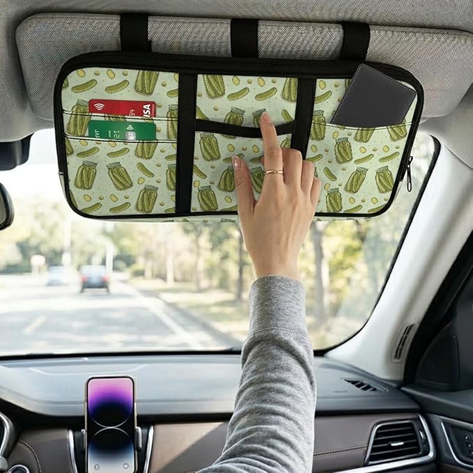 Car Sun Visor Organizer Easy to Store Car Visor Organizer with Multi-Pocket Card Holder Cars Interior Accessories Universal Fit for Most Cars SUV, Cucumbers Print
